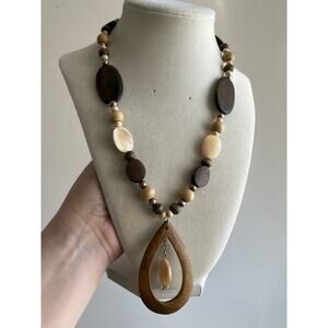 Vintage Bohemian Wood Discs Wood Bead MOP Geometric Statement Necklace 24”